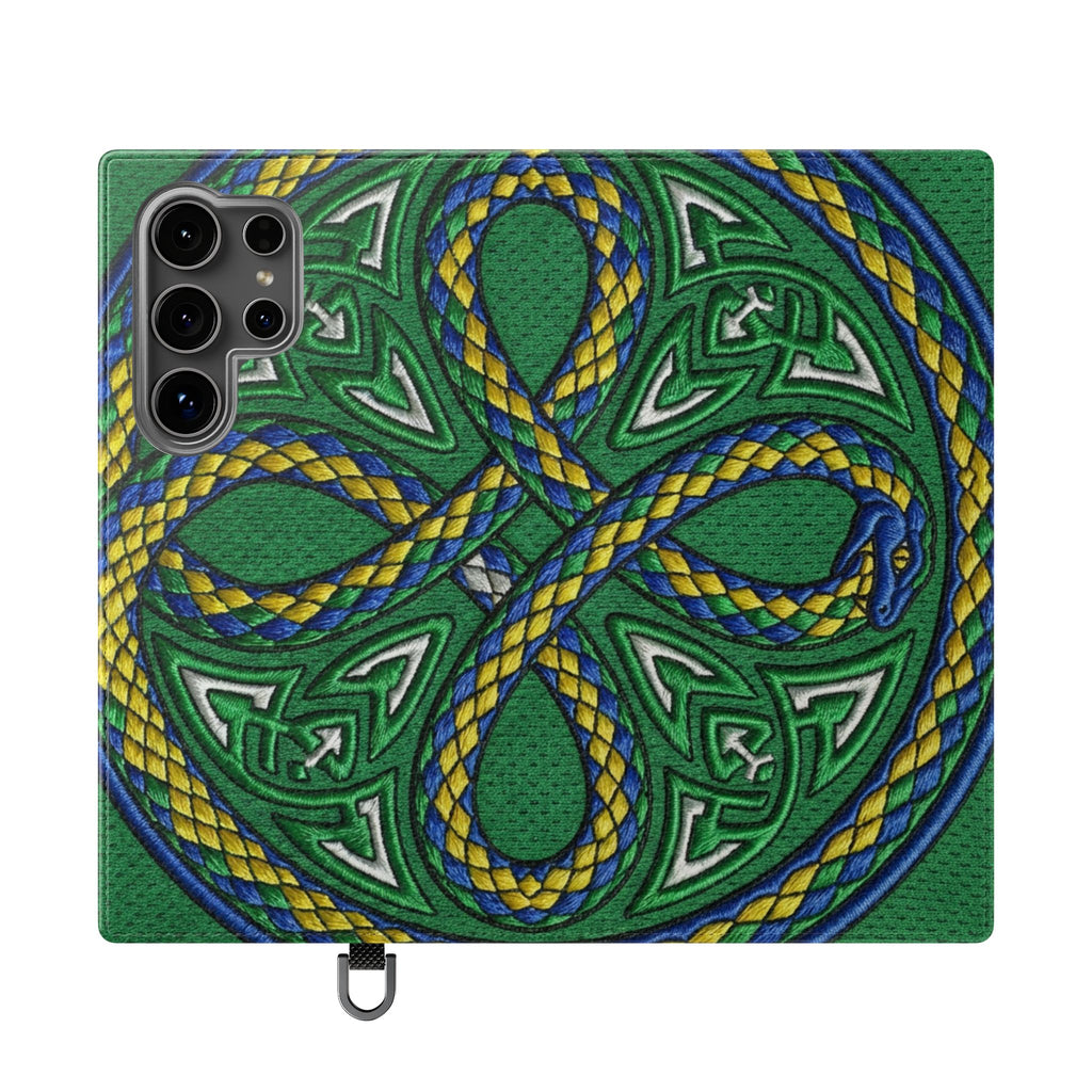 Ouroboros Green Flip Phone Case - Green & Gold Celtic Wallet Cover