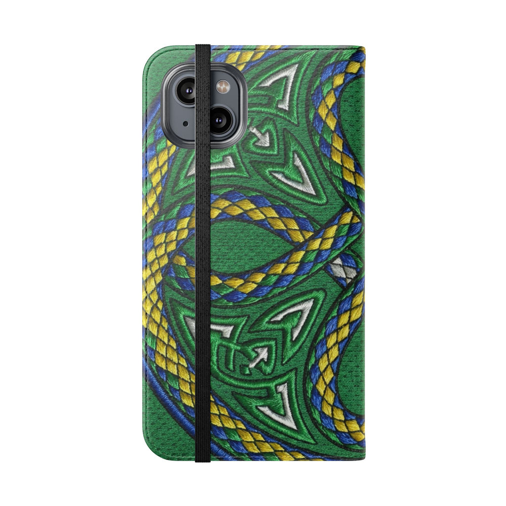 Ouroboros Green Flip Phone Case - Green & Gold Celtic Wallet Cover